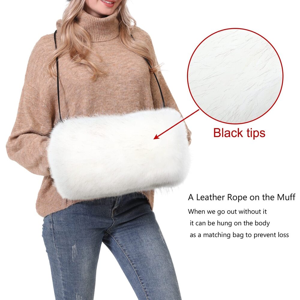 6520 Faux Fox Fur Pom Pom Hat and Hand Muffs 2pc Set - Picture 9 of 9